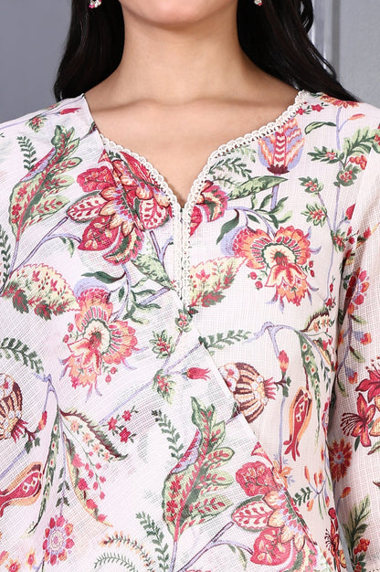 W for Woman Off White Floral Printed Kota Straight Kurta, Pants and Dupatta Set