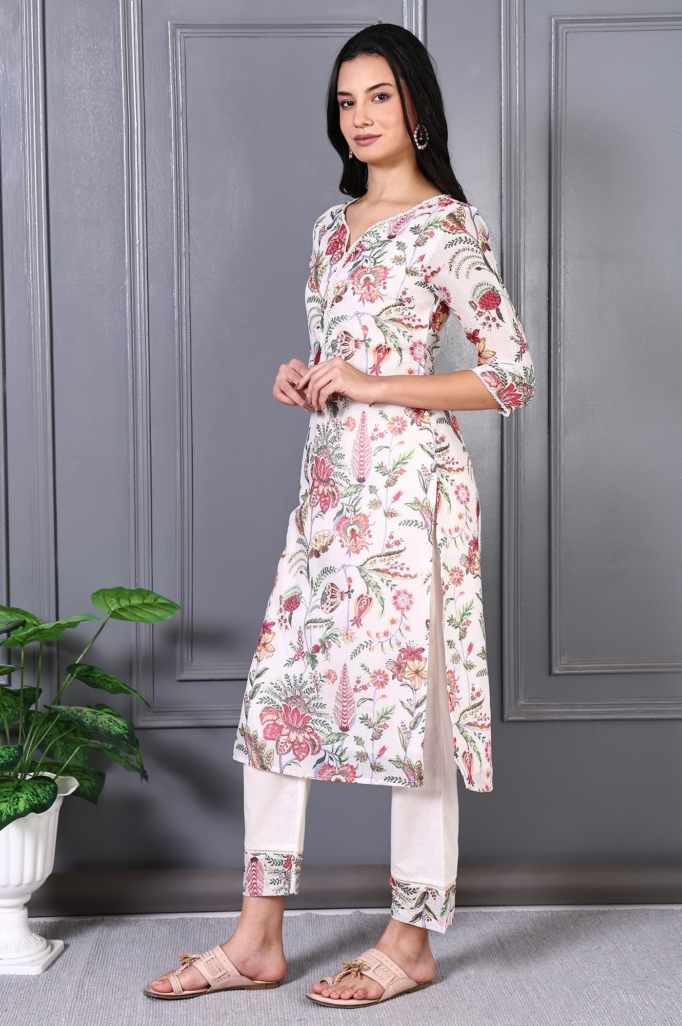 W for Woman Off White Floral Printed Kota Straight Kurta, Pants and Dupatta Set