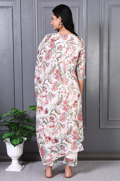 W for Woman Off White Floral Printed Kota Straight Kurta, Pants and Dupatta Set