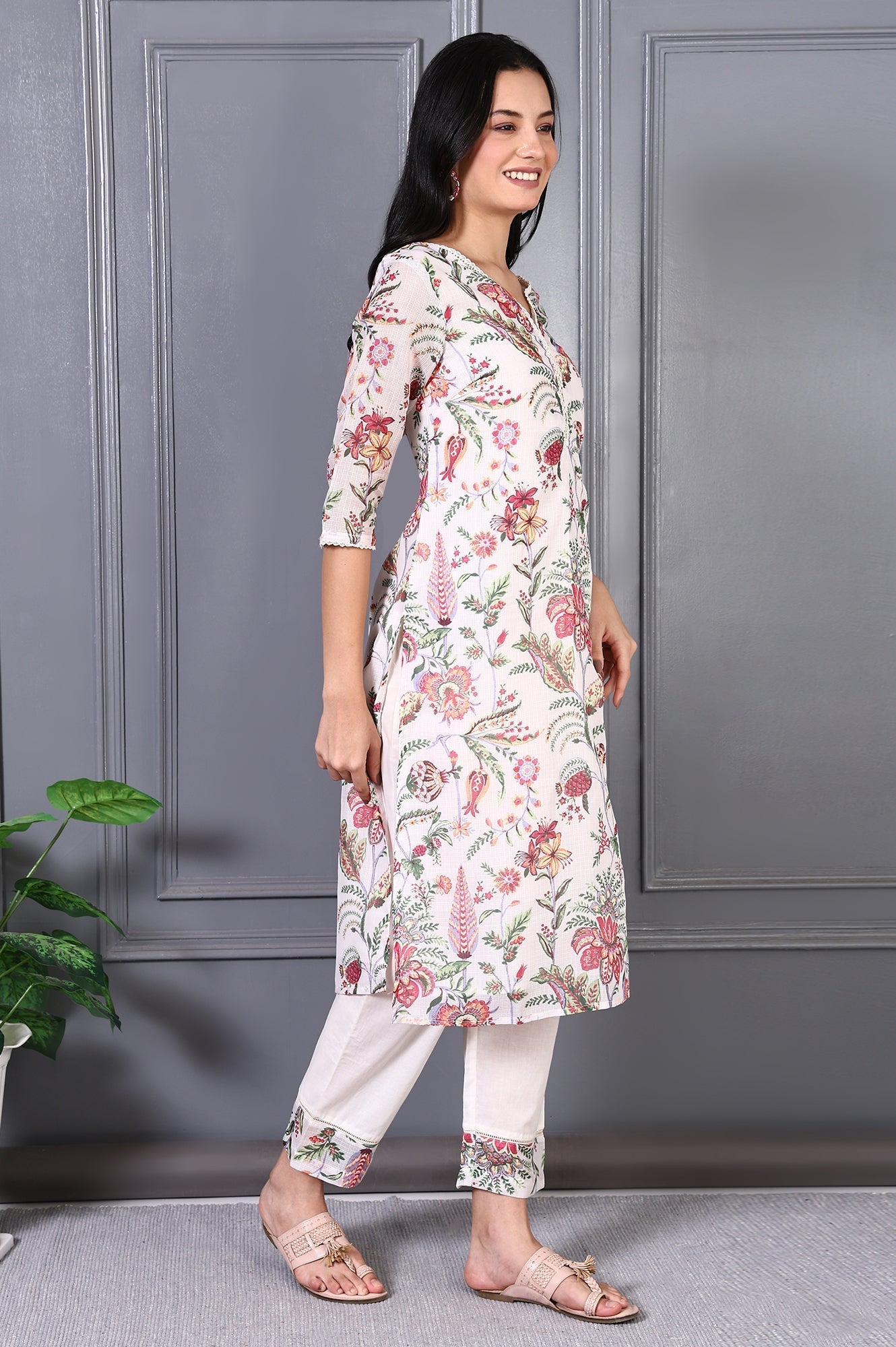 W for Woman Off White Floral Printed Kota Straight Kurta, Pants and Dupatta Set
