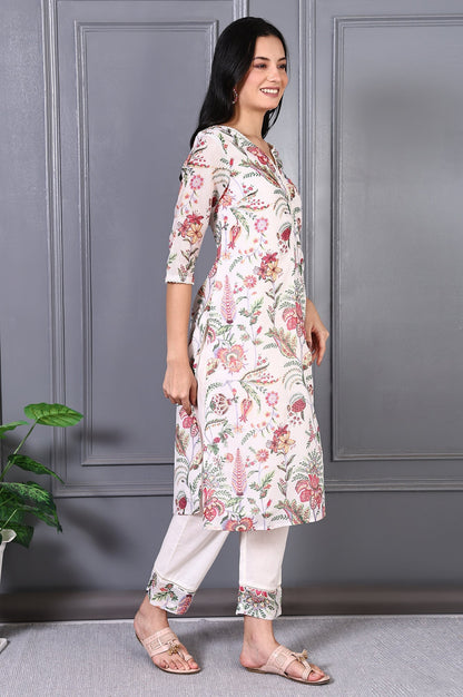 W for Woman Off White Floral Printed Kota Straight Kurta, Pants and Dupatta Set