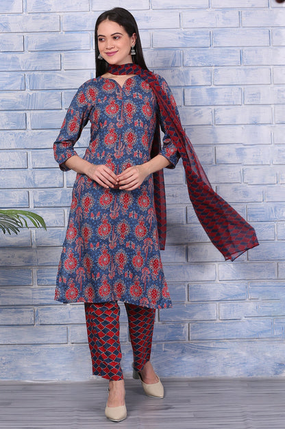 W for Woman Blue Printed Modal Straight Kurta, Pants and Dupatta Set