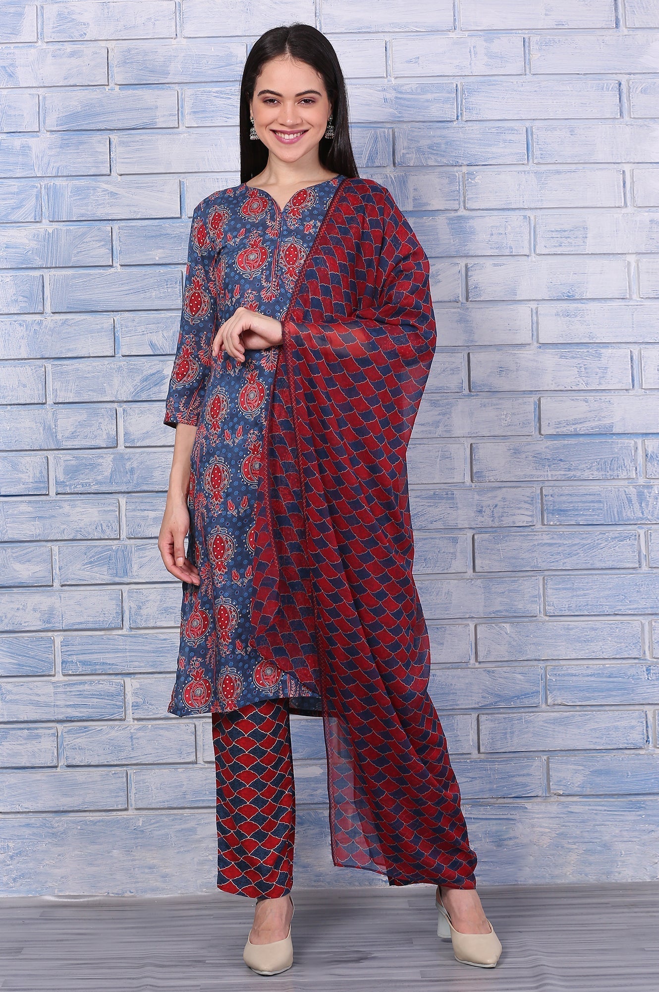 W for Woman Blue Printed Modal Straight Kurta, Pants and Dupatta Set
