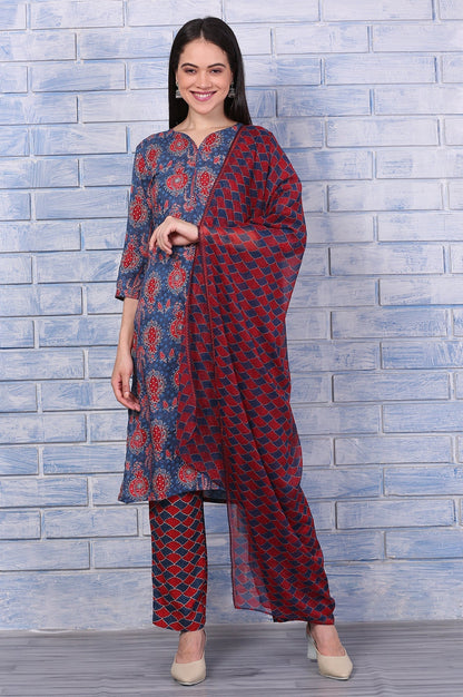 W for Woman Blue Printed Modal Straight Kurta, Pants and Dupatta Set