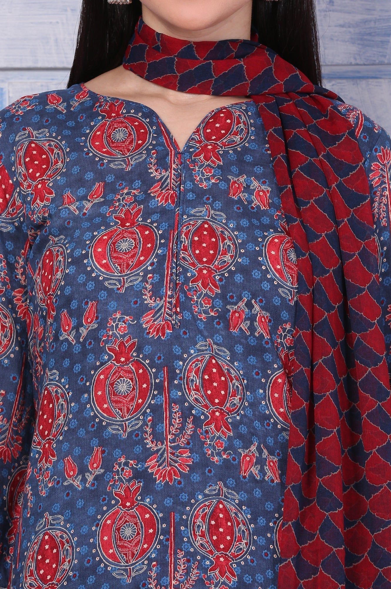 W for Woman Blue Printed Modal Straight Kurta, Pants and Dupatta Set