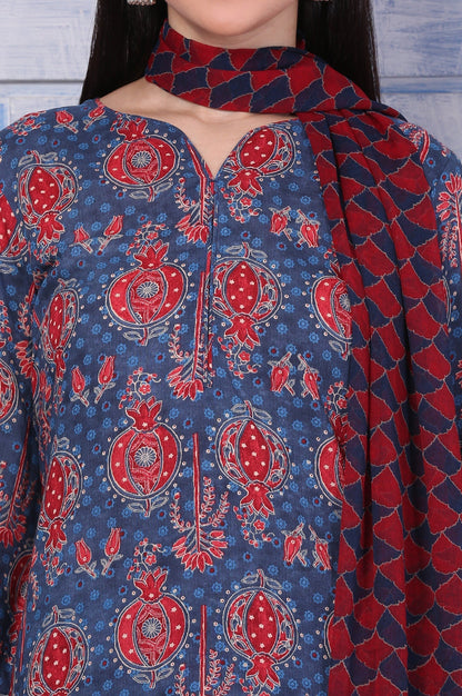 W for Woman Blue Printed Modal Straight Kurta, Pants and Dupatta Set