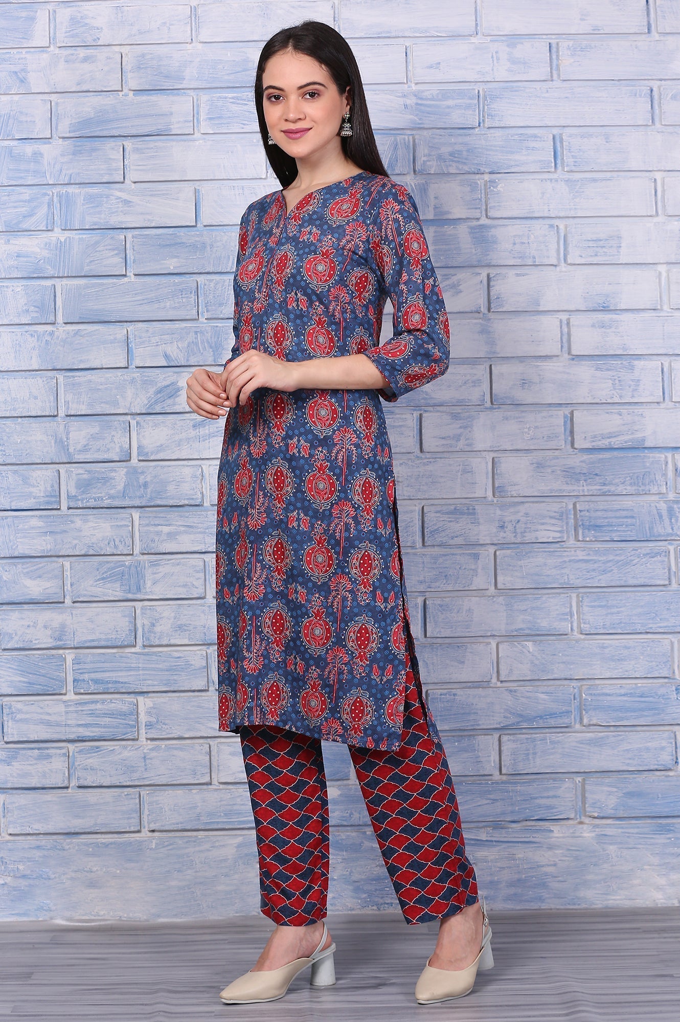 W for Woman Blue Printed Modal Straight Kurta, Pants and Dupatta Set