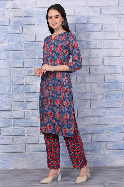 W for Woman Blue Printed Modal Straight Kurta, Pants and Dupatta Set