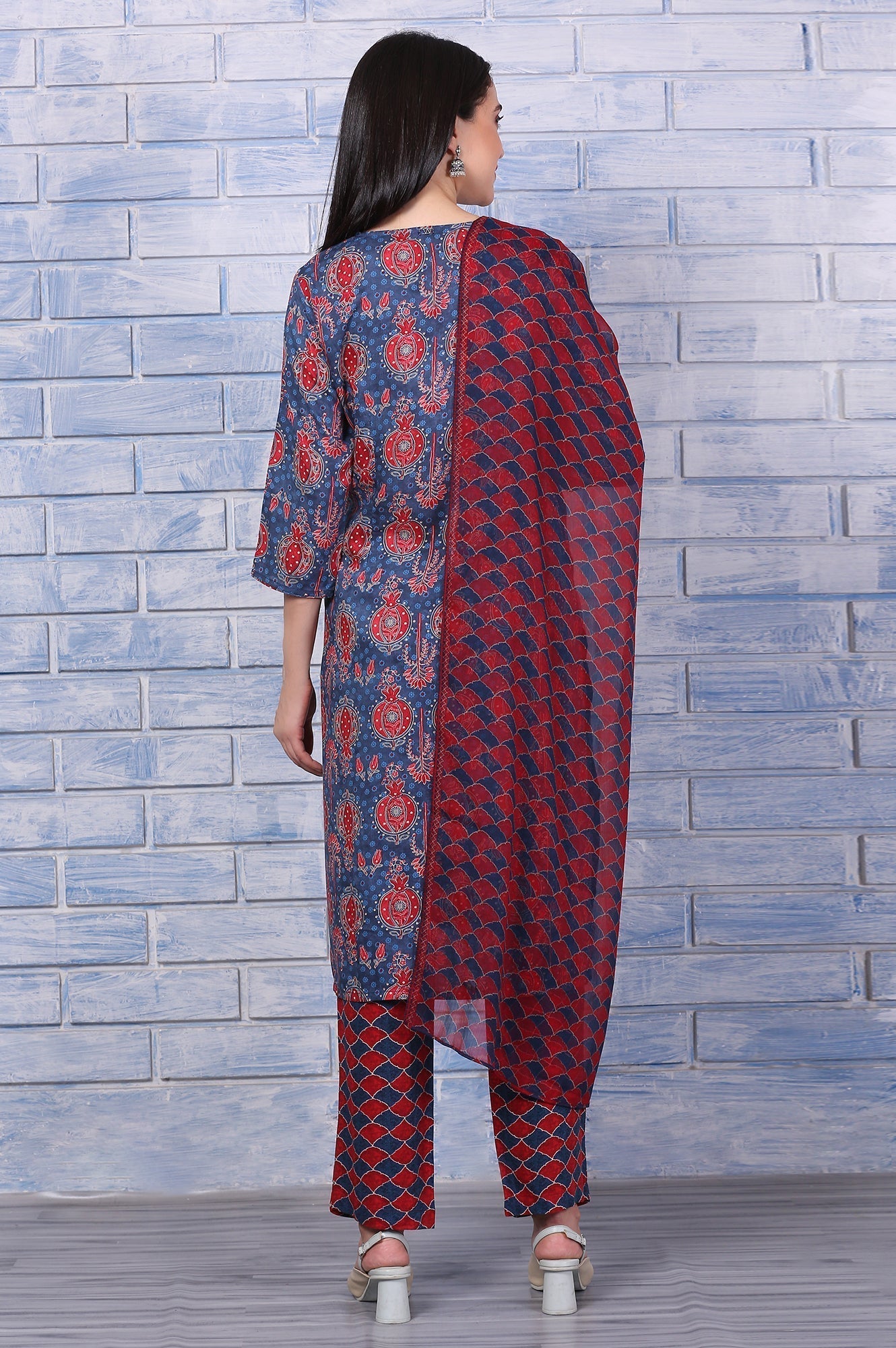 W for Woman Blue Printed Modal Straight Kurta, Pants and Dupatta Set