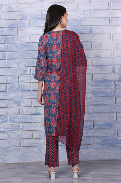 W for Woman Blue Printed Modal Straight Kurta, Pants and Dupatta Set