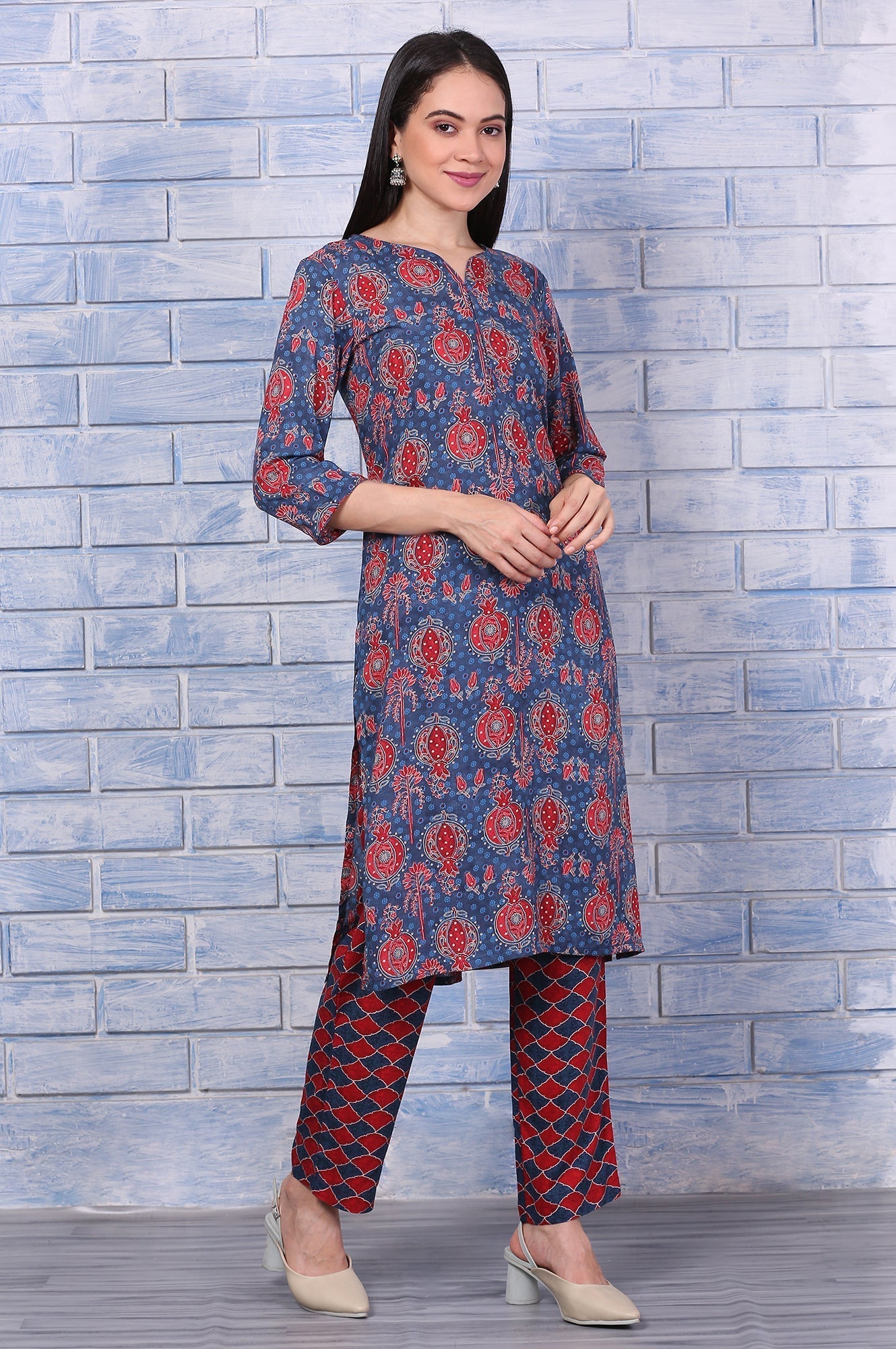 W for Woman Blue Printed Modal Straight Kurta, Pants and Dupatta Set