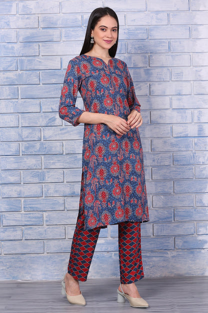 W for Woman Blue Printed Modal Straight Kurta, Pants and Dupatta Set