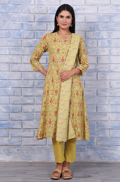 W for Woman Green Floral Printed Lace Pure Cotton Flared Kurta, Straight Pant And Dupatta Set