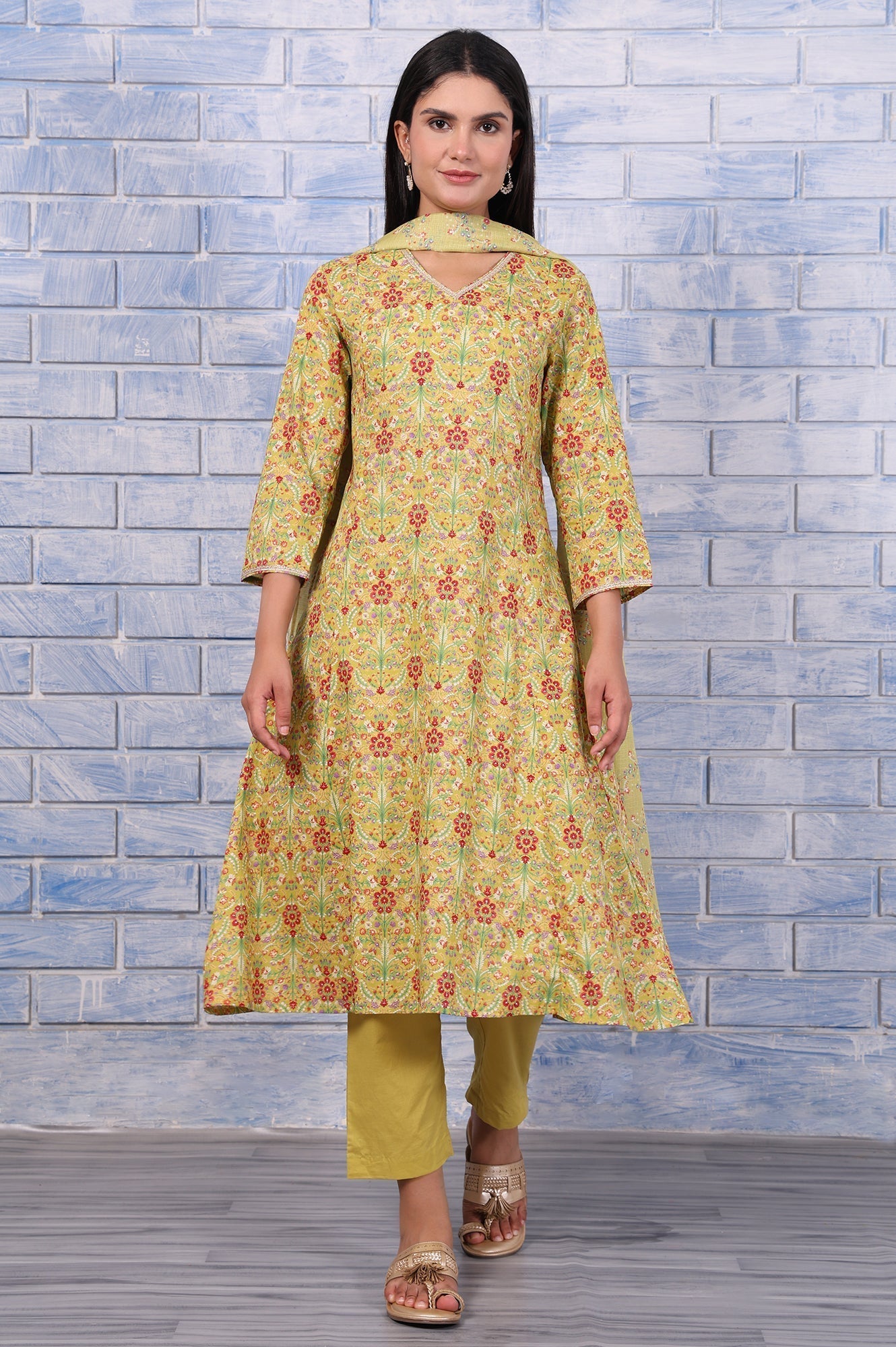 W for Woman Green Floral Printed Lace Pure Cotton Flared Kurta, Straight Pant And Dupatta Set