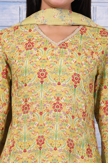 W for Woman Green Floral Printed Lace Pure Cotton Flared Kurta, Straight Pant And Dupatta Set
