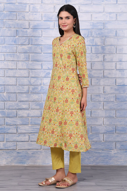 W for Woman Green Floral Printed Lace Pure Cotton Flared Kurta, Straight Pant And Dupatta Set