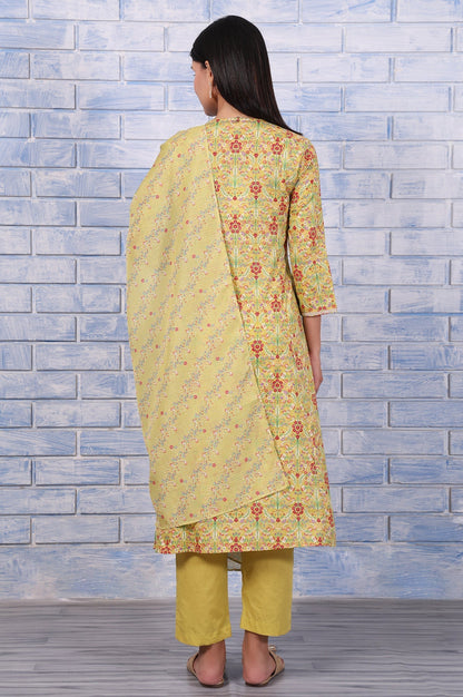 W for Woman Green Floral Printed Lace Pure Cotton Flared Kurta, Straight Pant And Dupatta Set