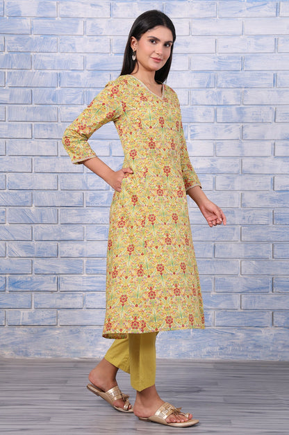 W for Woman Green Floral Printed Lace Pure Cotton Flared Kurta, Straight Pant And Dupatta Set