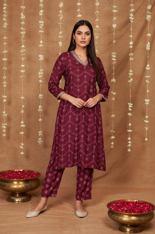 W for Woman Purple Bandhani Printed Embroidered Straight Rayon Kurta and Straight Pant Co-ord Set