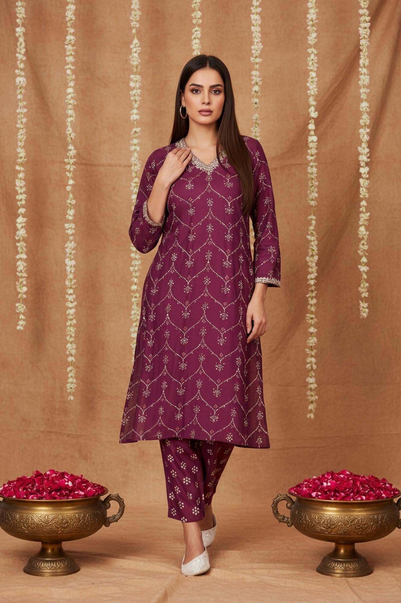W for Woman Purple Bandhani Printed Embroidered Straight Rayon Kurta and Straight Pant Co-ord Set