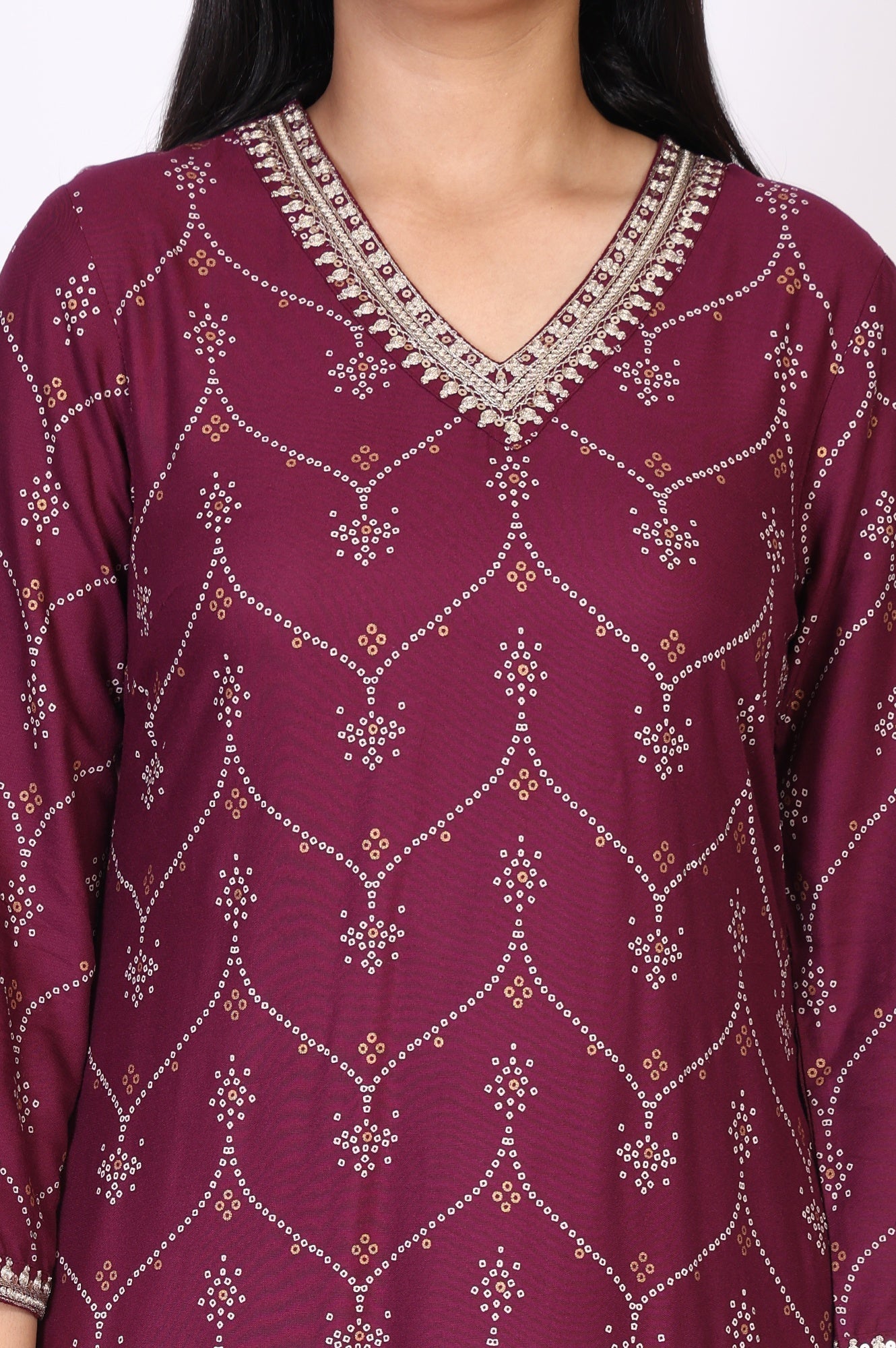 W for Woman Purple Bandhani Printed Embroidered Straight Rayon Kurta and Straight Pant Co-ord Set
