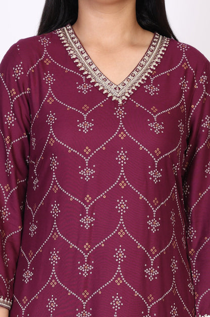 W for Woman Purple Bandhani Printed Embroidered Straight Rayon Kurta and Straight Pant Co-ord Set