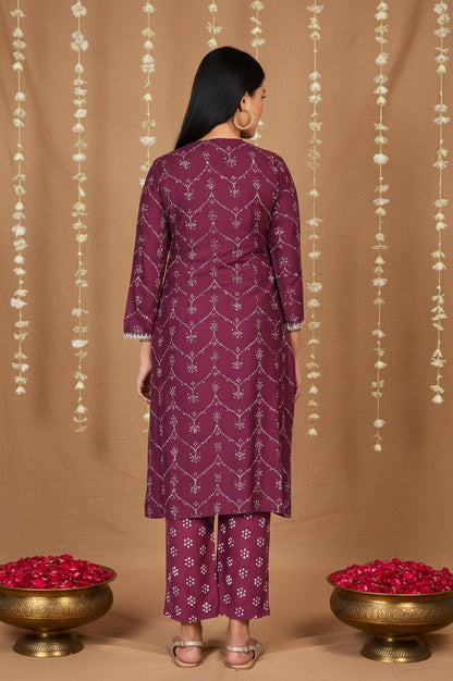 W for Woman Purple Bandhani Printed Embroidered Straight Rayon Kurta and Straight Pant Co-ord Set