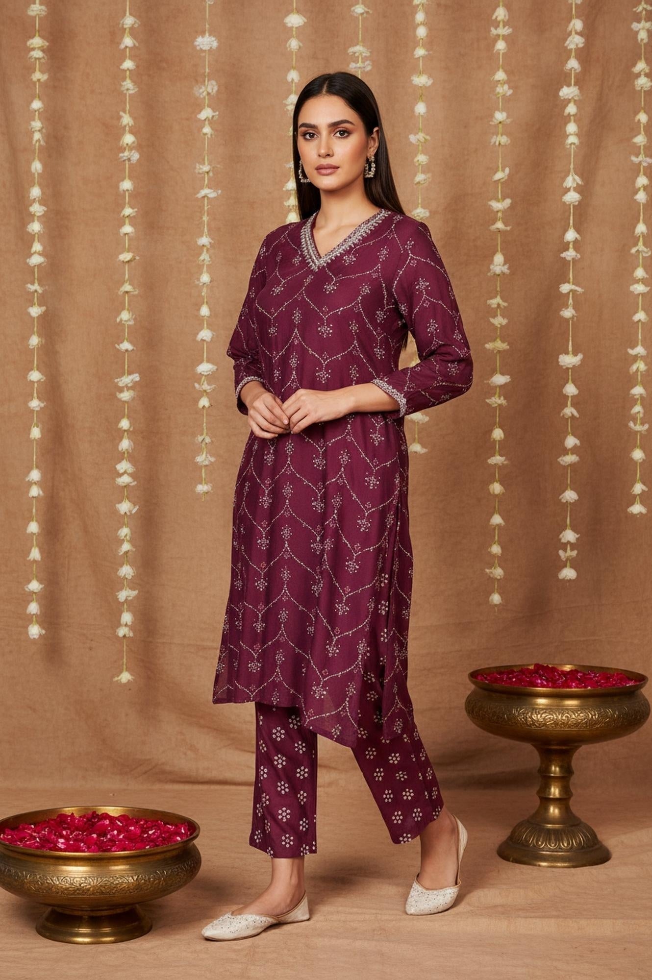 W for Woman Purple Bandhani Printed Embroidered Straight Rayon Kurta and Straight Pant Co-ord Set