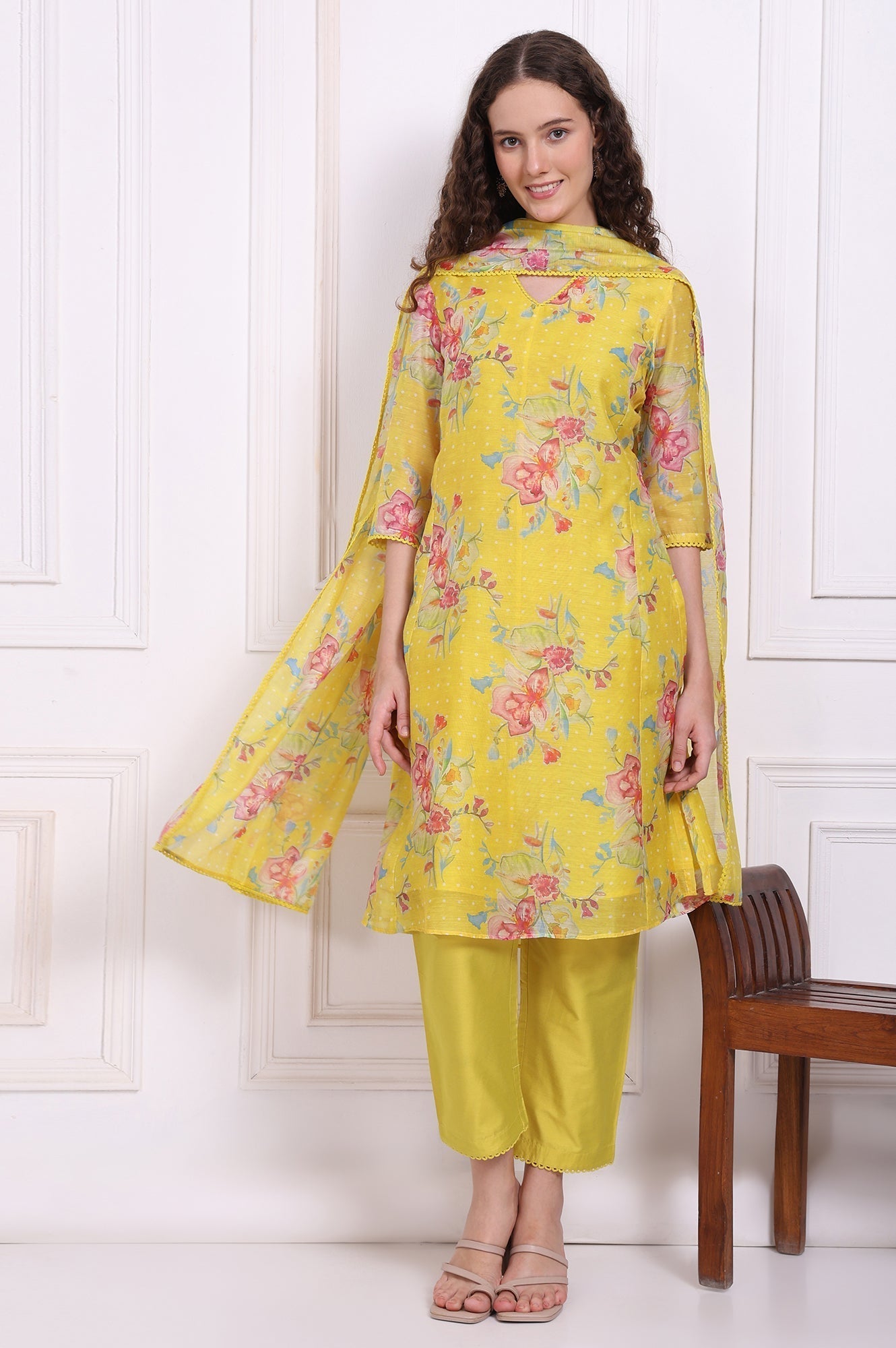W for Woman Yellow Floral Printed Chanderi Straight Kurta, Pants and Dupatta Set