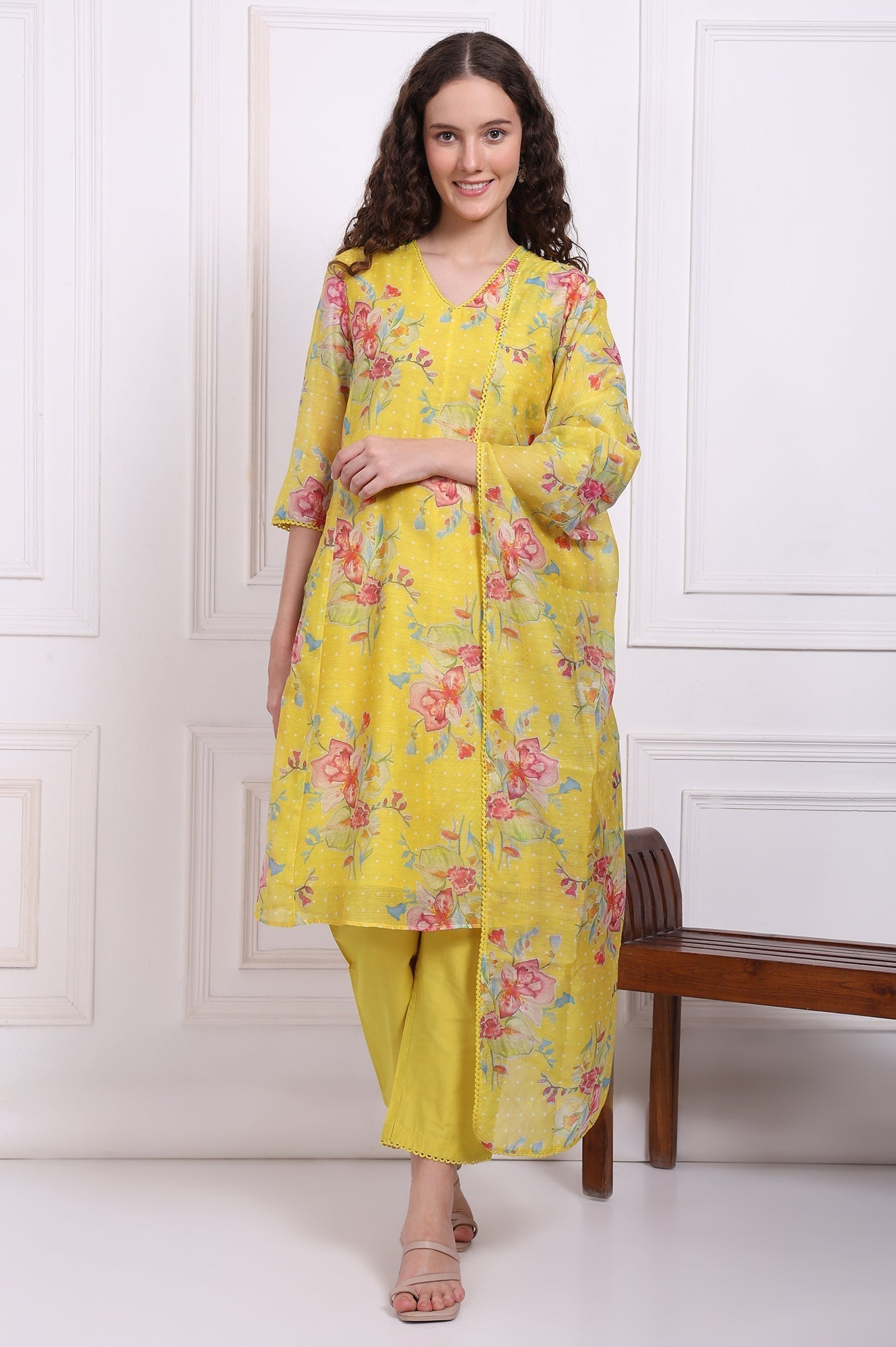 W for Woman Yellow Floral Printed Chanderi Straight Kurta, Pants and Dupatta Set