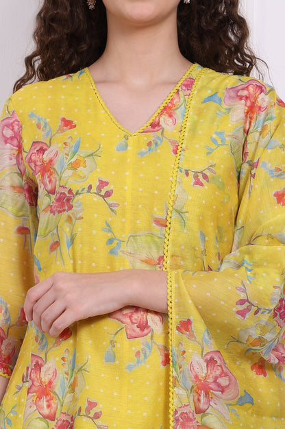 W for Woman Yellow Floral Printed Chanderi Straight Kurta, Pants and Dupatta Set