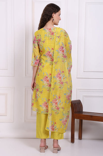 W for Woman Yellow Floral Printed Chanderi Straight Kurta, Pants and Dupatta Set