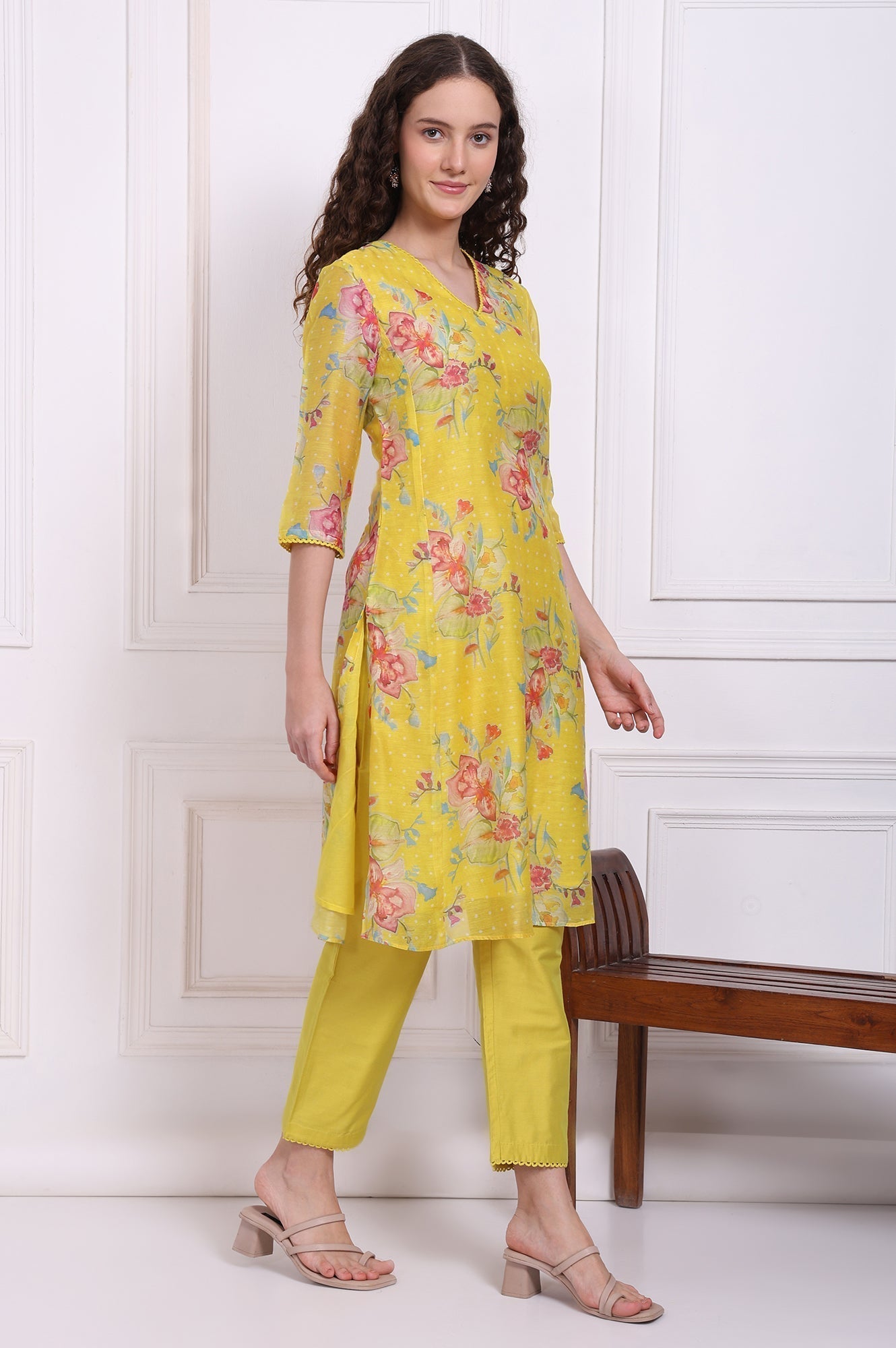 W for Woman Yellow Floral Printed Chanderi Straight Kurta, Pants and Dupatta Set