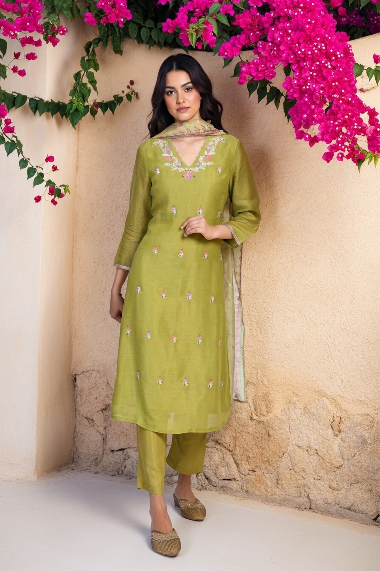 W for Woman Green Floral Embroidered A-Line Tissue Kurta with Straight Pant and Dupatta Set