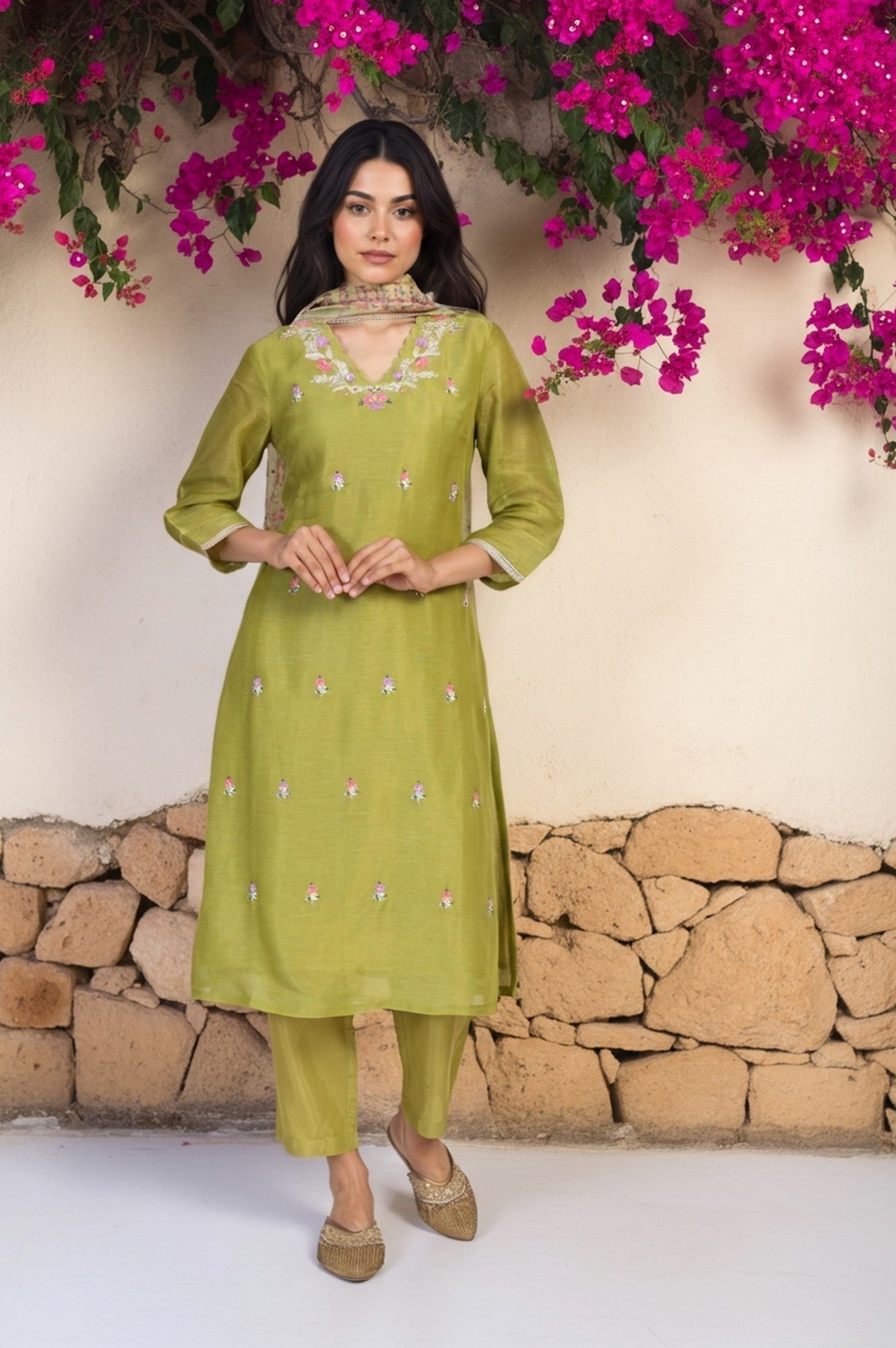 W for Woman Green Floral Embroidered A-Line Tissue Kurta with Straight Pant and Dupatta Set