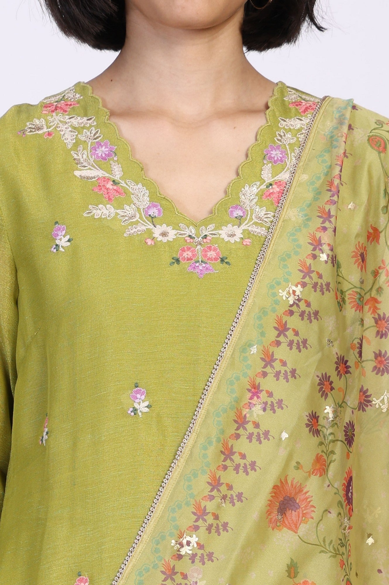 W for Woman Green Floral Embroidered A-Line Tissue Kurta with Straight Pant and Dupatta Set