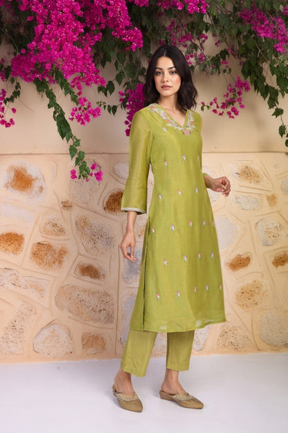 W for Woman Green Floral Embroidered A-Line Tissue Kurta with Straight Pant and Dupatta Set