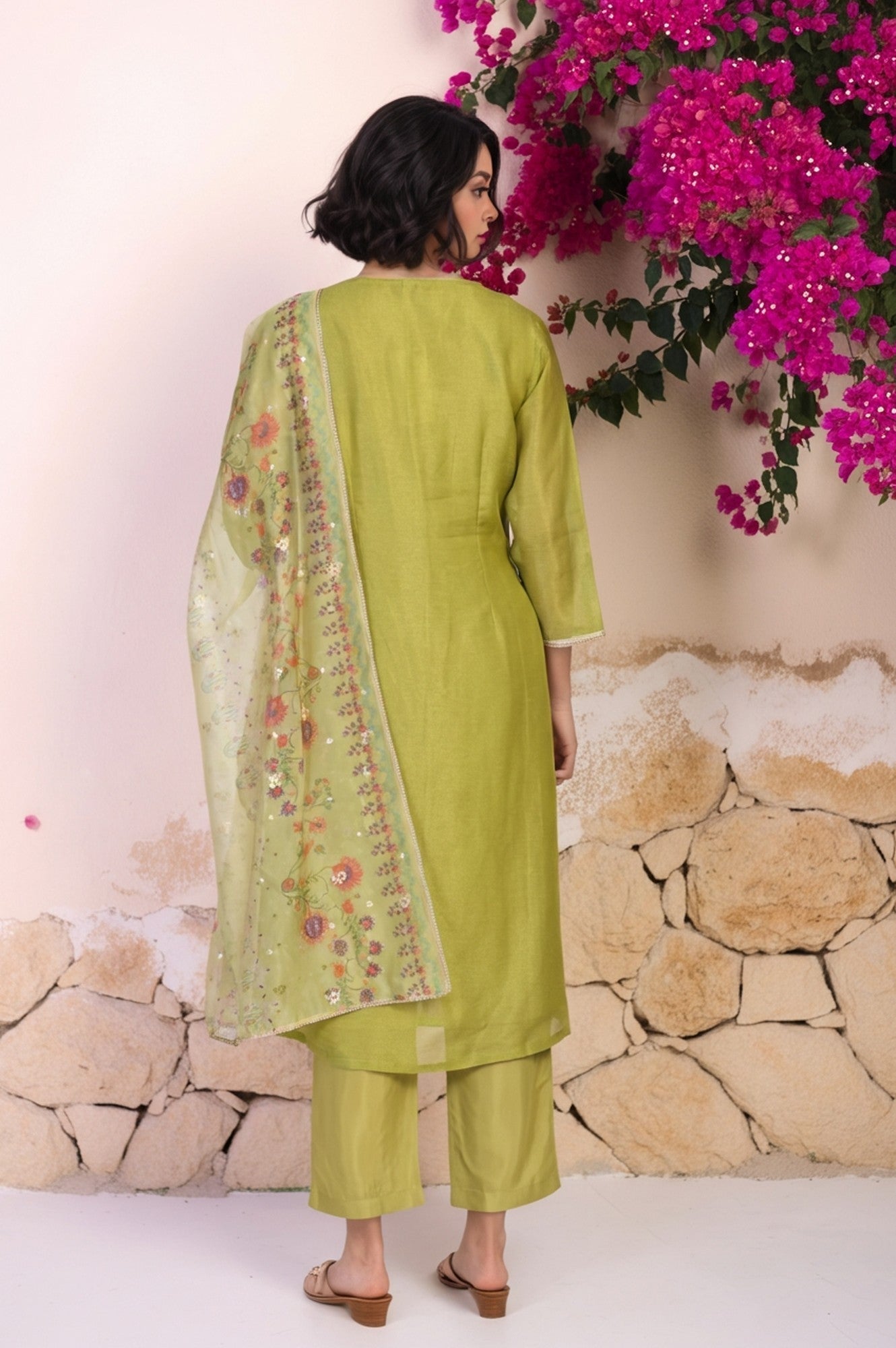W for Woman Green Floral Embroidered A-Line Tissue Kurta with Straight Pant and Dupatta Set