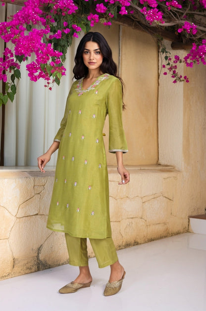 W for Woman Green Floral Embroidered A-Line Tissue Kurta with Straight Pant and Dupatta Set