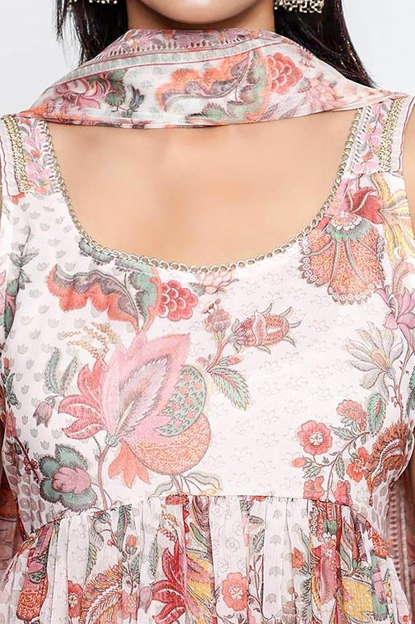 W for Woman White Floral Printed Thread Work Flared Chiffon Kurta with Palazzo and Dupatta Set