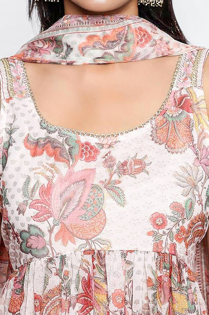 W for Woman White Floral Printed Thread Work Flared Chiffon Kurta with Palazzo and Dupatta Set