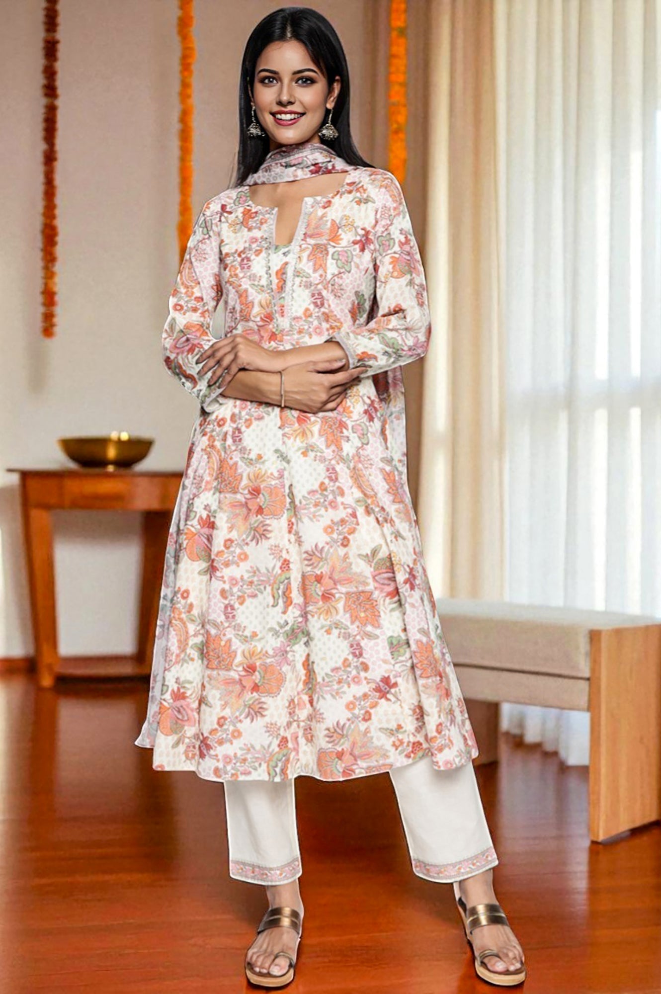 W for Woman Seashell White Printed Pure Cotton Flared Kurta, Straight Pant and Dupatta Set