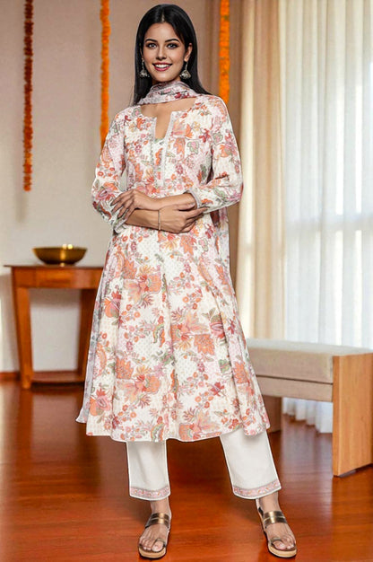 W for Woman Seashell White Printed Pure Cotton Flared Kurta, Straight Pant and Dupatta Set