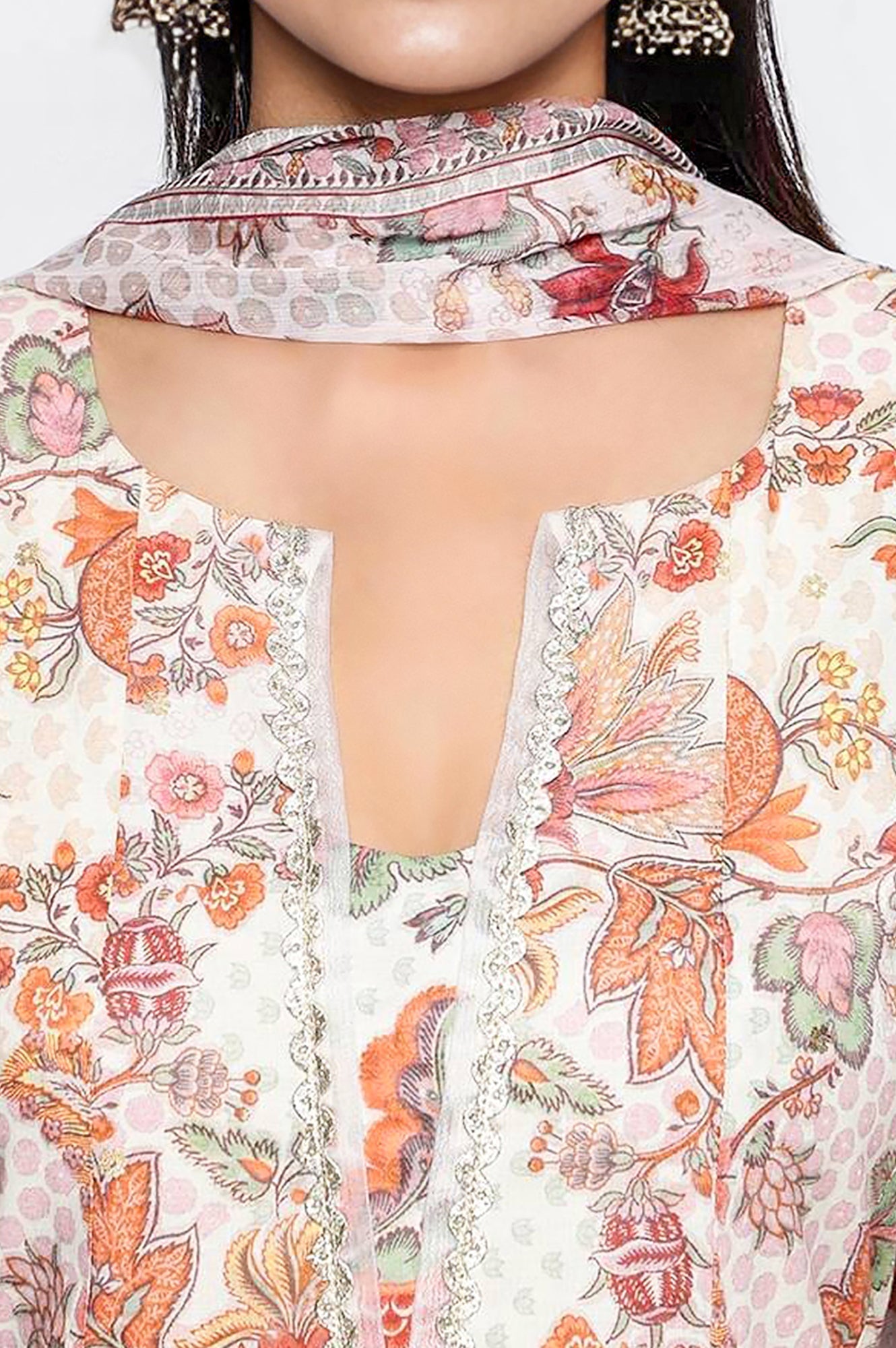 W for Woman Seashell White Printed Pure Cotton Flared Kurta, Straight Pant and Dupatta Set