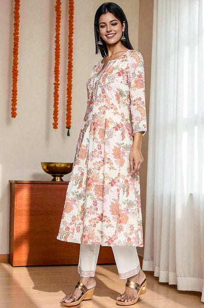 W for Woman Seashell White Printed Pure Cotton Flared Kurta, Straight Pant and Dupatta Set