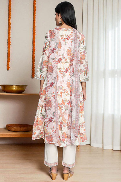 W for Woman Seashell White Printed Pure Cotton Flared Kurta, Straight Pant and Dupatta Set