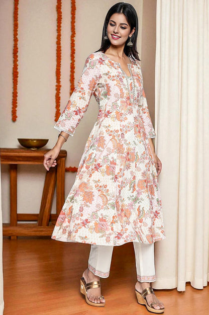 W for Woman Seashell White Printed Pure Cotton Flared Kurta, Straight Pant and Dupatta Set