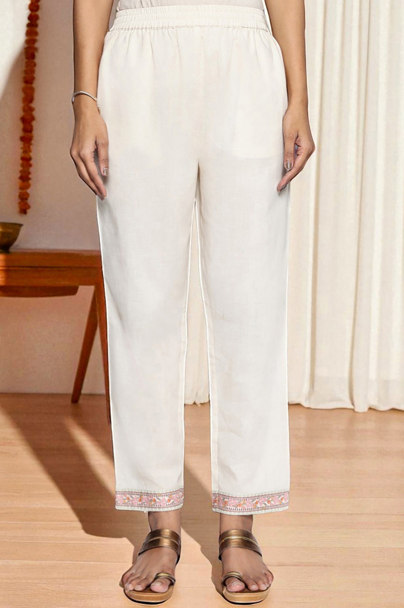 W for Woman Seashell White Printed Pure Cotton Flared Kurta, Straight Pant and Dupatta Set
