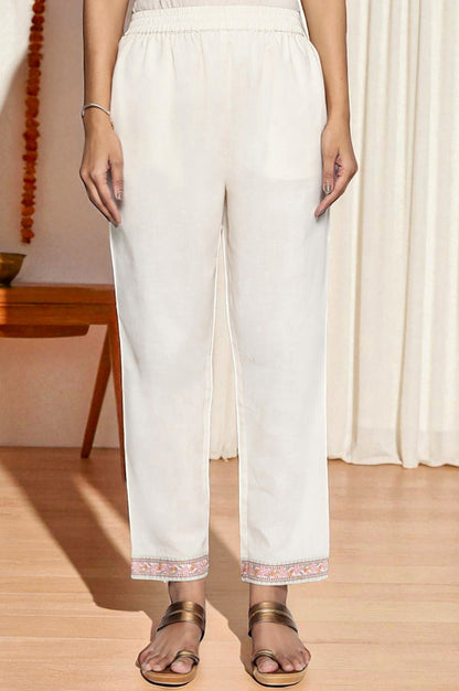 W for Woman Seashell White Printed Pure Cotton Flared Kurta, Straight Pant and Dupatta Set