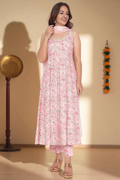 W for Woman Rose Pink Printed Shantung Flared Kurta, Parallel Pant and Dupatta Set